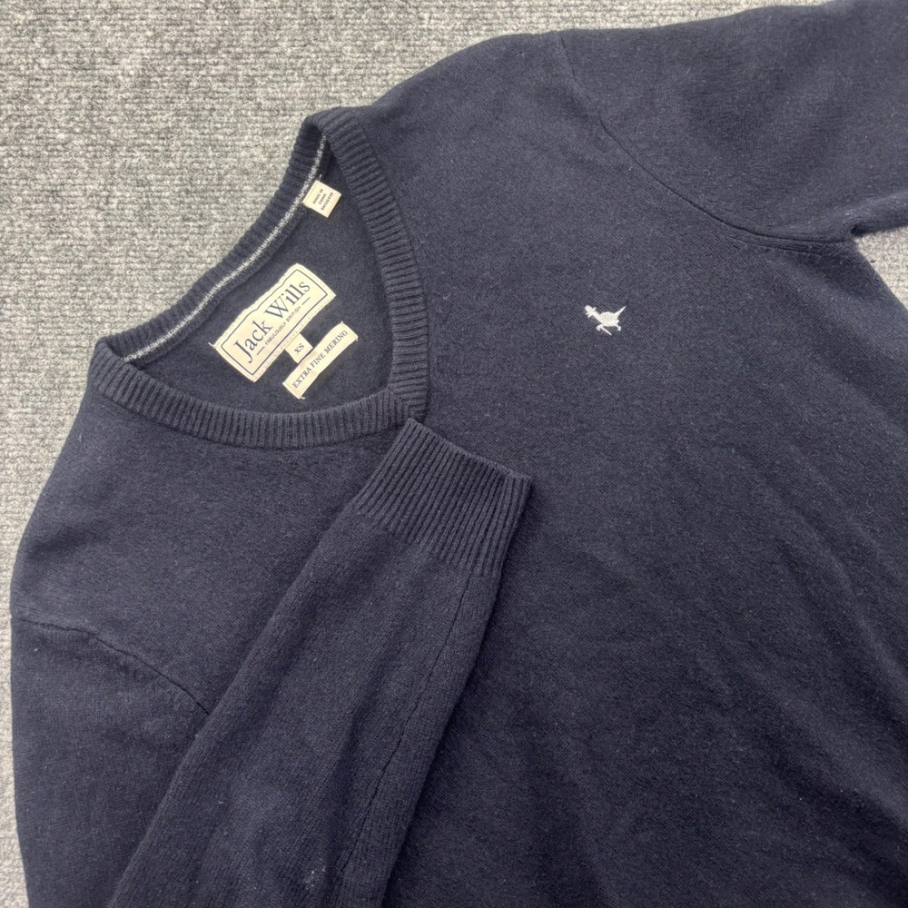 Jack Wills V-Neck Sweater XS Navy Blue Extra Fine Merino Wool Men's‎